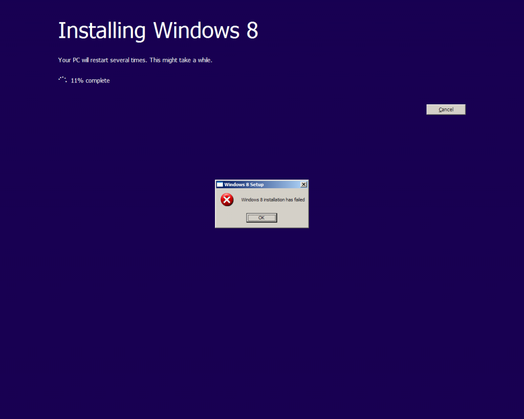 Windows 8 Installation has failed